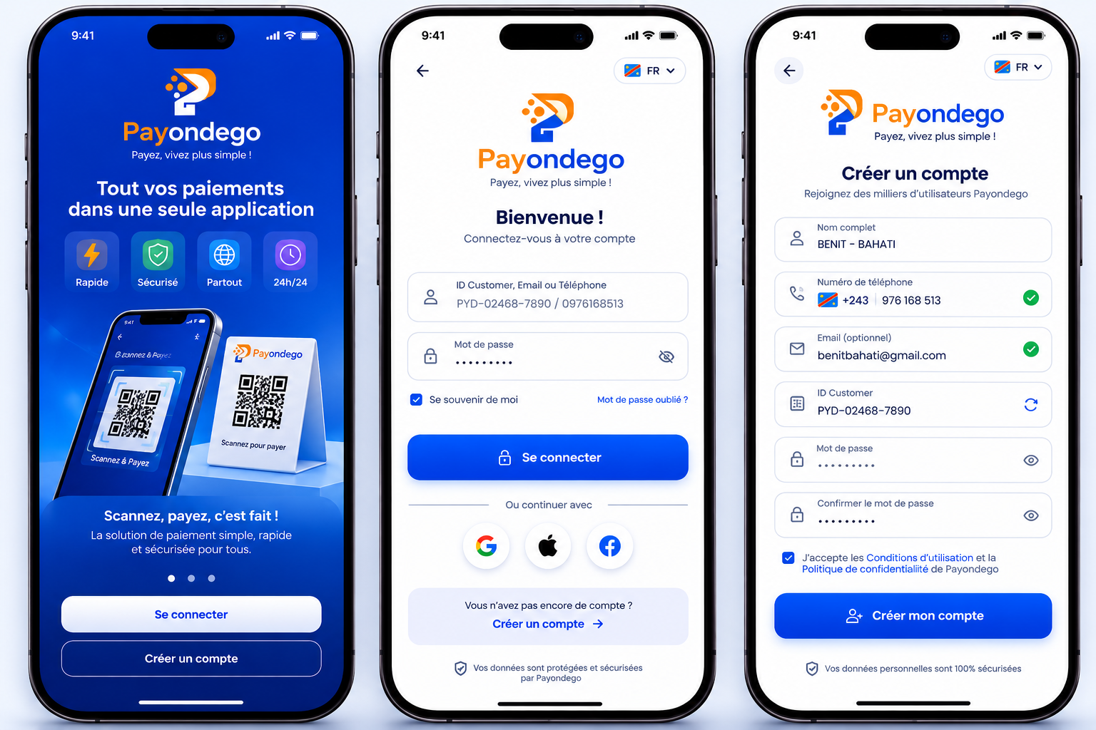 Aperçu de l’application Payondego : accueil, connexion et inscription
